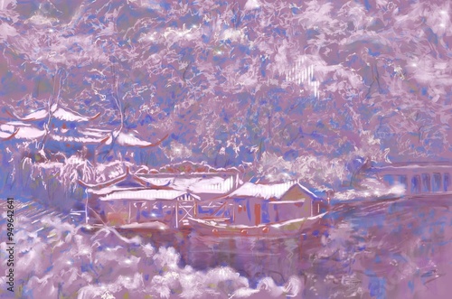 Asian style purple and white snowing ink painting wallpaper landscape secret garden scenery sad emotion