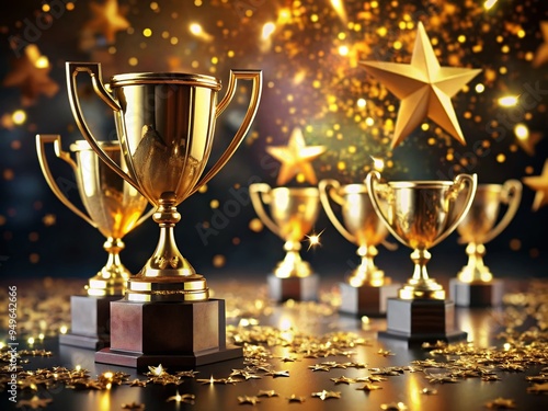 Golden trophies surrounded by bright stars and confetti on a dark background, conveying a sense of accomplishment and celebration, with a shallow depth of field. photo