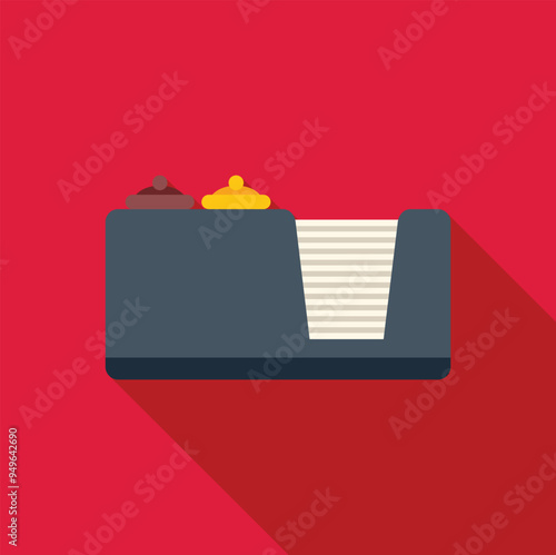 Hotel reception desk bell and note paper waiting for guest check in flat design icon with long shadow on red background