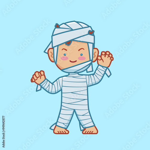 Vector Illustration of Boy Costume Mummy Cartoon. Isolated Flat Vector Style.