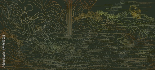 Asian style dark green gold ink painting background mountain water river landscape secret garden scenery view