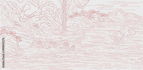 Asian style red and white ink painting background mountain water river landscape secret garden scenery view