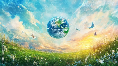 Celebrate Earth Day with a vibrant background showcasing the natural beauty of our planet, emphasizing lush landscapes and the interconnectedness of all life forms in harmony with nature