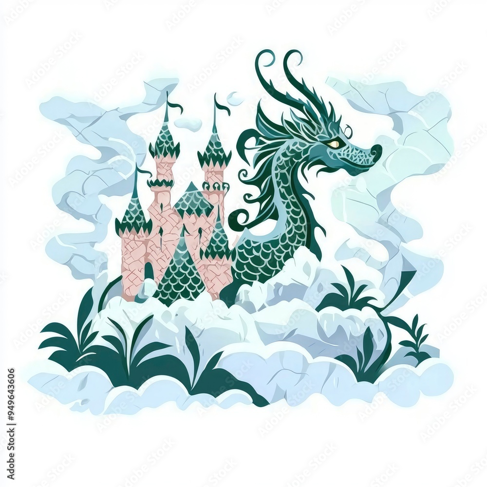 Obraz premium Dragon Guarding a Castle in the Clouds