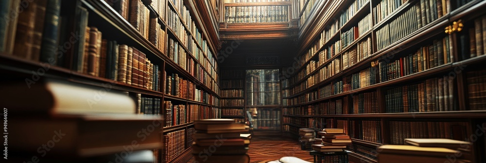 A classic library setting featuring rows of encyclopedias on wooden shelves, symbolizing knowledge, history, research, and learning. The narrow aisle and wooden architecture create a sense of awe and A classic library setting featuring rows of encyclopedias on wooden shelves, symbolizing knowledge, history, research, and learning. The narrow aisle and wooden architecture create a sense of awe and