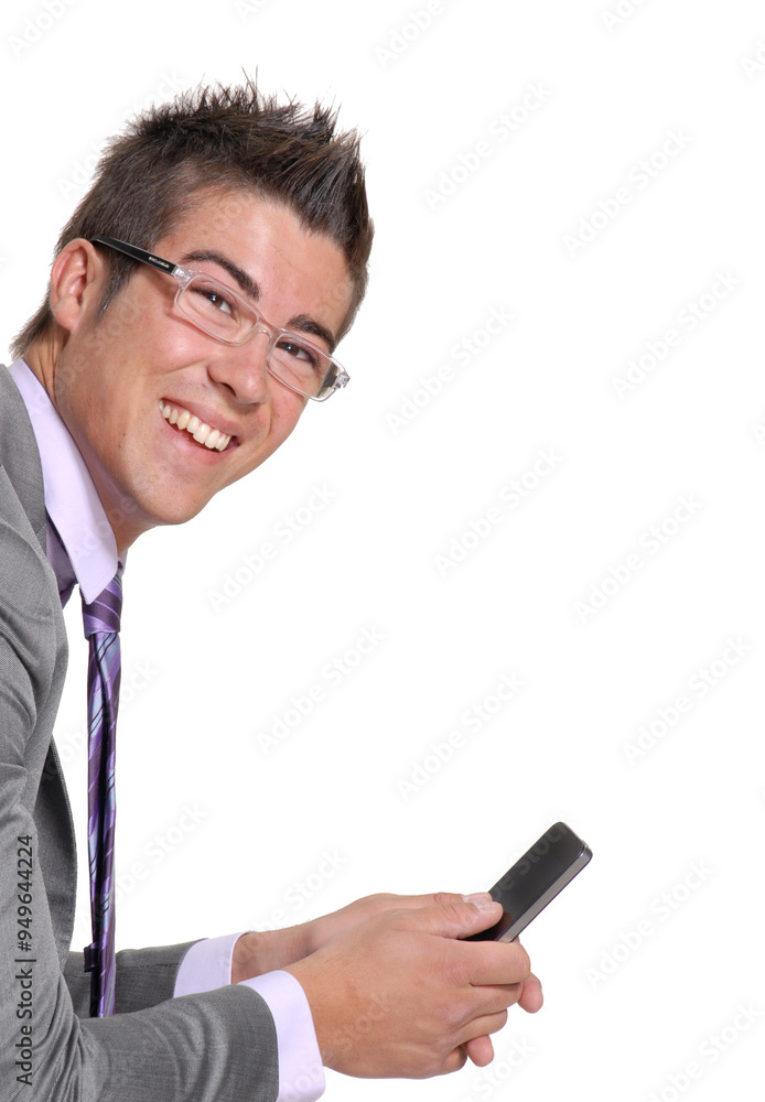 Young businessman holding a cell phone isolated on transparent layered background. Young businessman holding a cell phone isolated on transparent layered background.