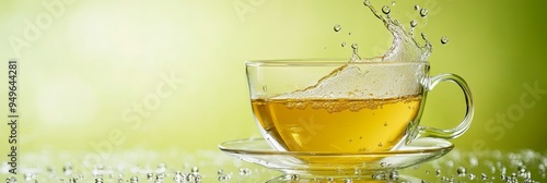 A clear glass cup filled with green tea, with a splash of liquid creating a dynamic and refreshing image. The tea is a golden yellow color, symbolizing health, vitality, and natural goodness. The spla photo