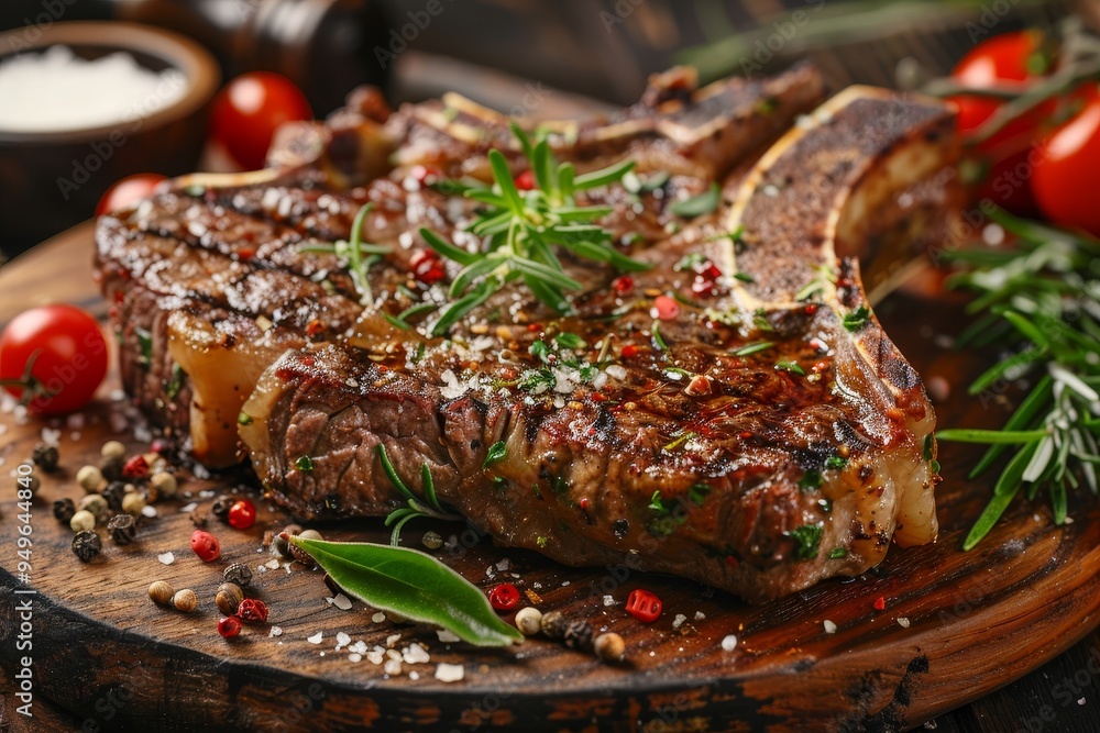 A T-bone steak sits on a cutting board surrounded by fresh tomatoes and herbs, ready to be cooked, T-bone steak with a juicy center A T-bone steak sits on a cutting board surrounded by fresh tomatoes and herbs, ready to be cooked, T-bone steak with a juicy center