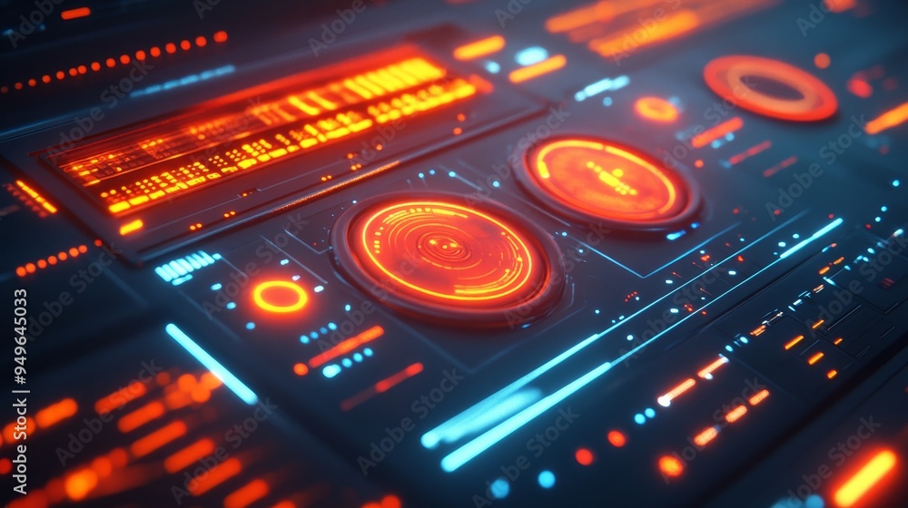 A close-up of a futuristic interface, featuring glowing red and blue lights, intricate control panels, and circular displays, symbolizing technological advancement, innovation, and user experience.