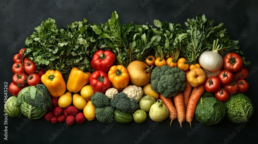 Assorted freshly picked organic vegetables and fruits, Freshly picked organic farm produce, Bountiful harvest Assorted freshly picked organic vegetables and fruits, Freshly picked organic farm produce, Bountiful harvest