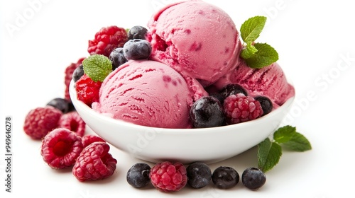 A close-up shot of a bowl of strawberry ice cream topped with fresh raspberries, blueberries, and a sprig of mint. This image symbolizes summertime, refreshing treats, delicious desserts, and the joy 