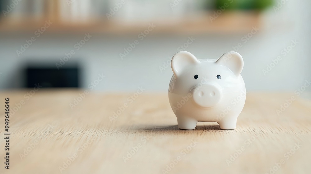 Minimalist White Piggy Bank on Wooden Table with Blurred Background, Symbolizing Savings, Finance, and Investment Concepts in a Modern and Clean Setting Minimalist White Piggy Bank on Wooden Table with Blurred Background, Symbolizing Savings, Finance, and Investment Concepts in a Modern and Clean Setting