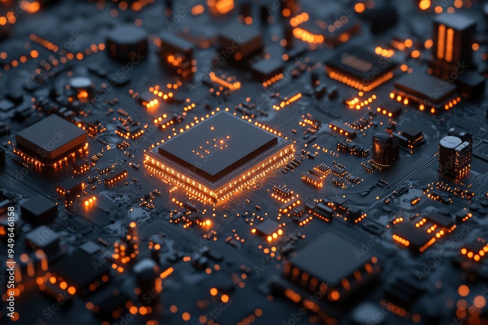 Illuminated Microchip on a Circuit Board Illuminated Microchip on a Circuit Board
