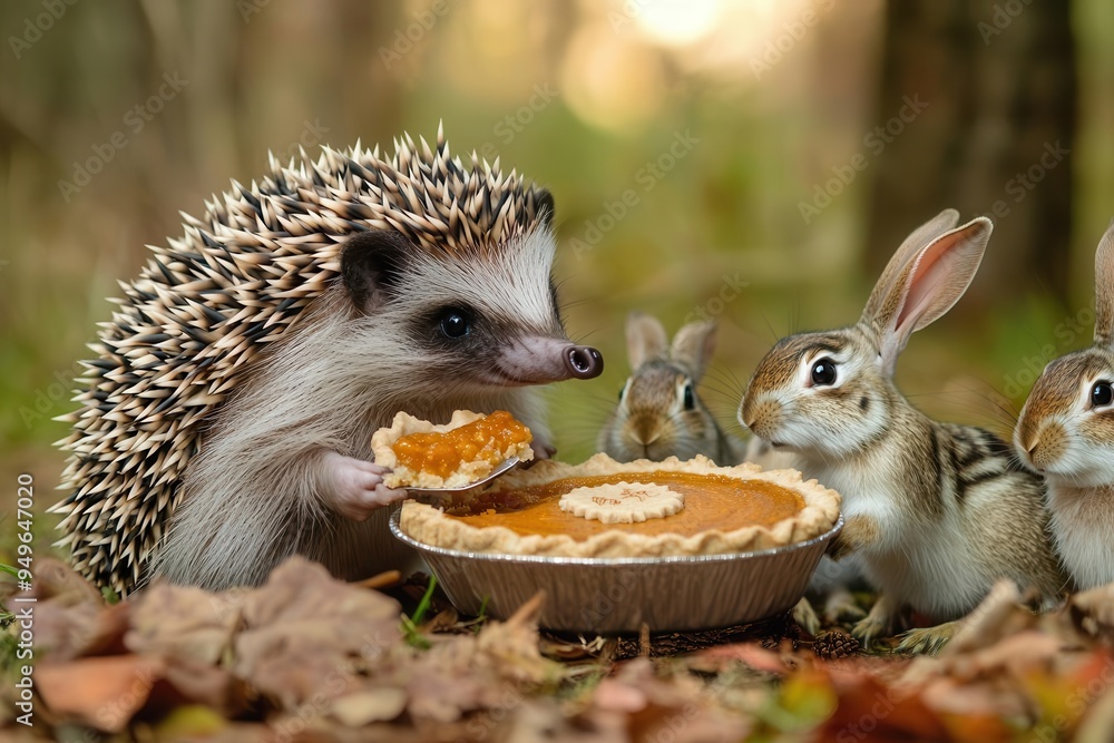 A hedgehog serving pumpkin pie to a group of forest animals, including a chipmunk and a rabbit, in a cozy woodland setting, Thanksgiving forest animals, hedgehog pie server A hedgehog serving pumpkin pie to a group of forest animals, including a chipmunk and a rabbit, in a cozy woodland setting, Thanksgiving forest animals, hedgehog pie server