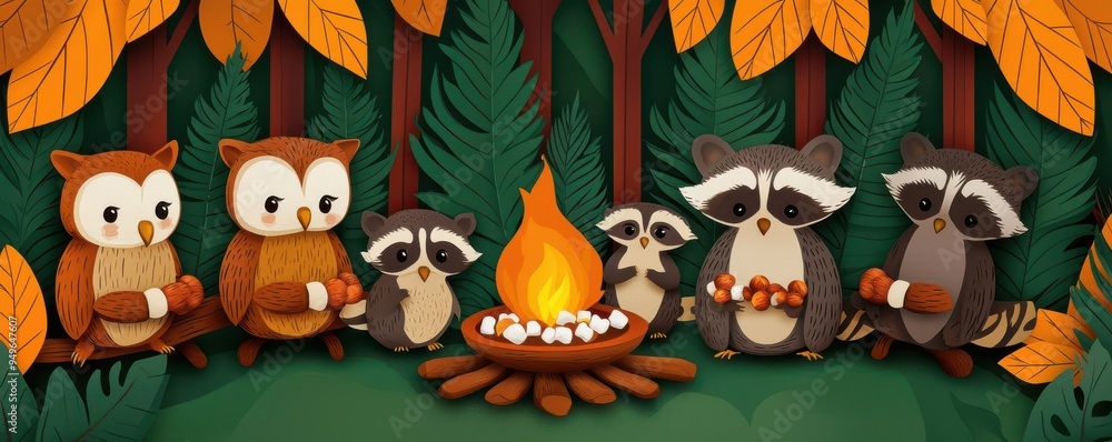 Naklejka premium A cozy forest scene with a group of cute animals