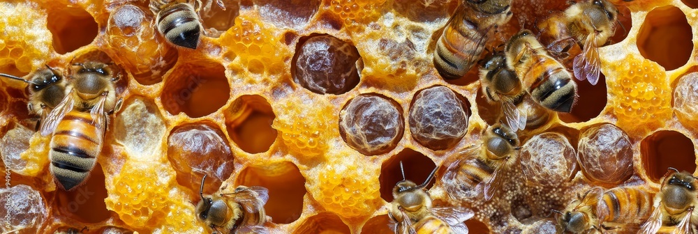 A close-up view of a honeycomb with bees, bee larvae cocoons, and pollen. The image showcases the intricate structure of the honeycomb and the busy activity of bees collecting pollen and caring for th A close-up view of a honeycomb with bees, bee larvae cocoons, and pollen. The image showcases the intricate structure of the honeycomb and the busy activity of bees collecting pollen and caring for th