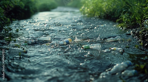 Plastic bottles are polluting a river, showing the harmful effects of human waste on the environment.