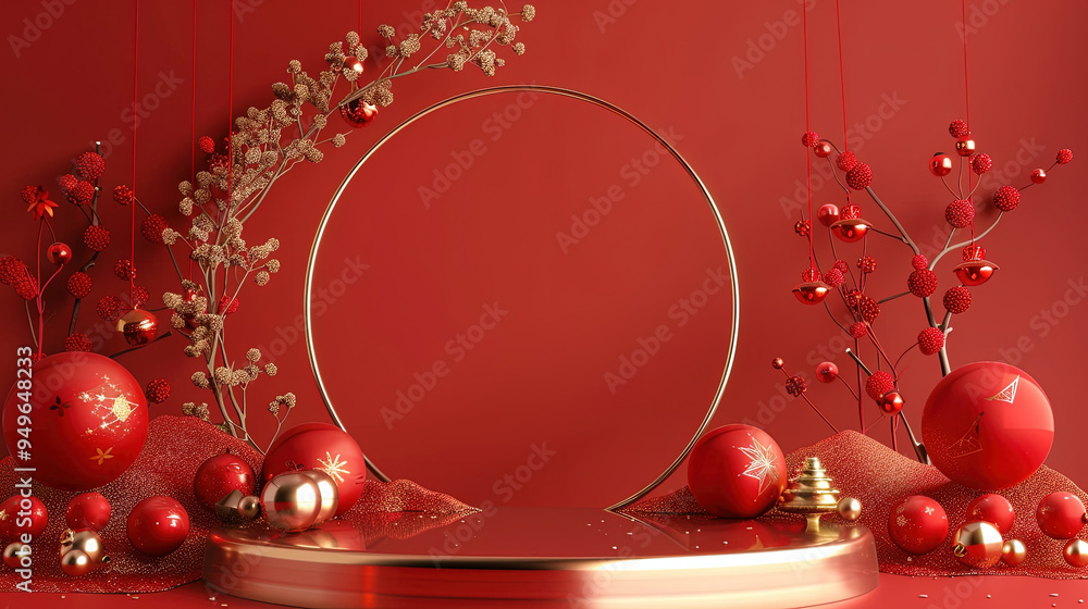 Empty podium for displaying product with China new year decoration in red color. China new year themed with paper lantern, .line, trees. Empty podium for displaying product with China new year decoration in red color. China new year themed with paper lantern, .line, trees.