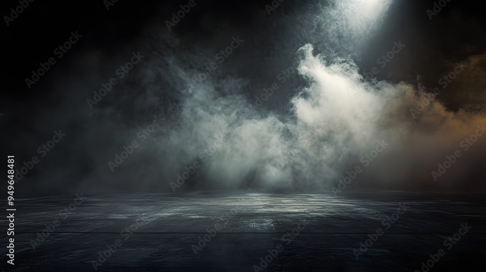 Concrete floor with smoke or fog in dark room with spotlight. Asphalt night street background. Concrete floor with smoke or fog in dark room with spotlight. Asphalt night street background.
