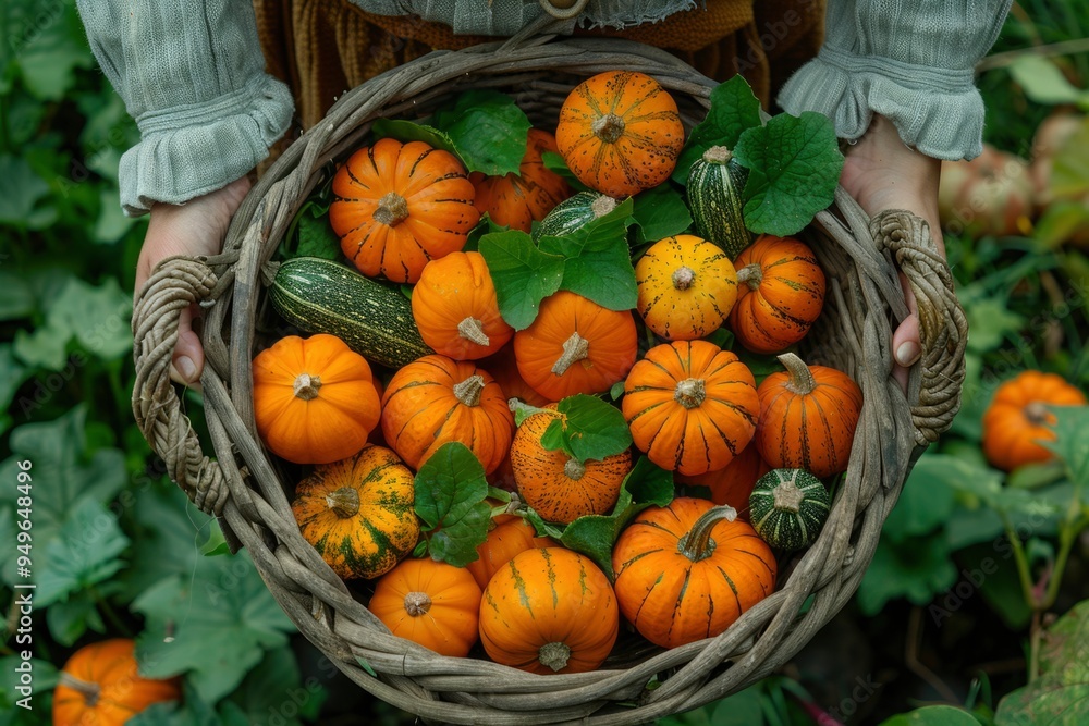 Obraz premium pumpkins with leaves in wicker basket on ground in vegetable garden. harvest, organic food, farm. sustainable, agriculture concept.