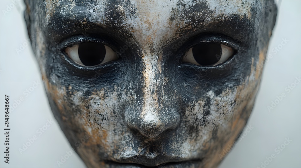 A haunting face with hollow eyes, adorned with eerie Halloween party masks, hyper-realistic detail, isolated on white background A haunting face with hollow eyes, adorned with eerie Halloween party masks, hyper-realistic detail, isolated on white background