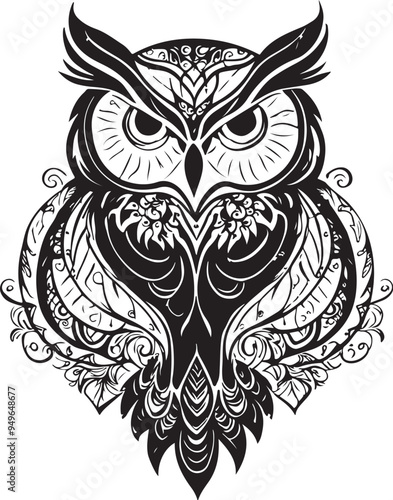 Hand-drawn illustration of Owl colouring page mandala design silhouette vector