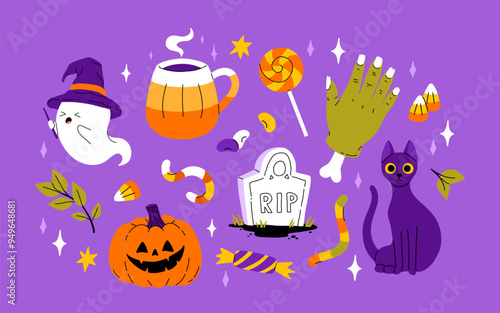 Cute kids Halloween set. Happy pumpkin, zombie hand, cute ghost, skull cupcake candy and witch potion. October holiday stickers, design elements bundle. Isolated flat vector illustrations