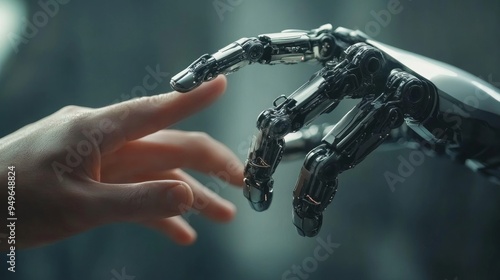 The human finger delicately touches the finger of a robot's metallic finger. Concept of harmonious coexistence of humans and AI technology photo