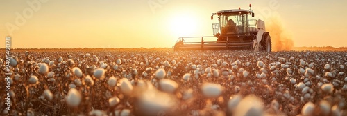 A cotton harvester moves through a field of cotton at sunset, the golden light illuminating the scene. The machine represents hard work and progress, the field symbolizes abundance and nature's bounty