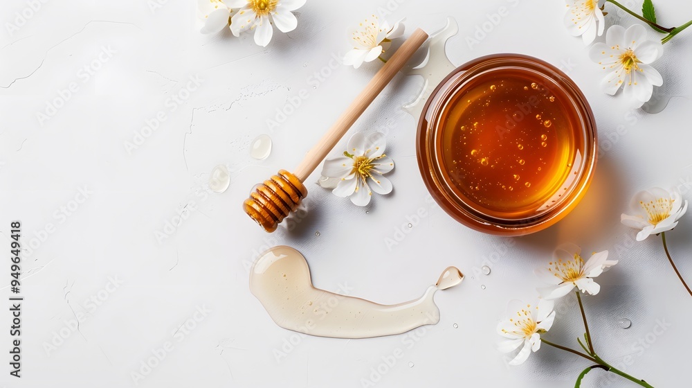 Fototapeta premium Honey jar wooden dipper flowers white background, fresh organic healthy