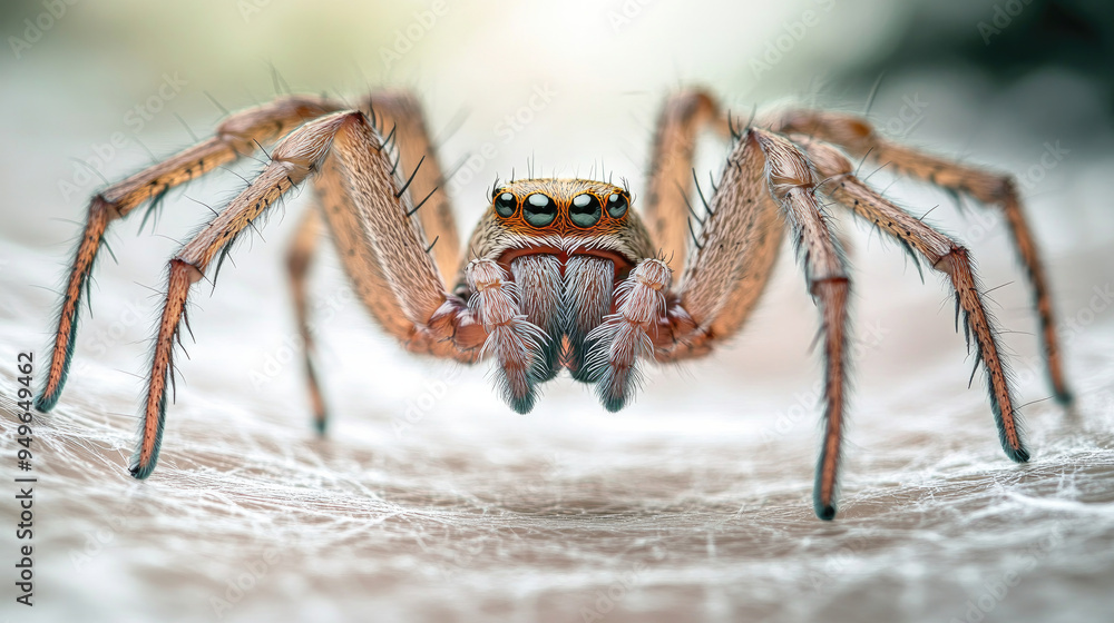 Extreme closeup of a jumping spider with a focus on its eyes and legs on a white surface Extreme closeup of a jumping spider with a focus on its eyes and legs on a white surface