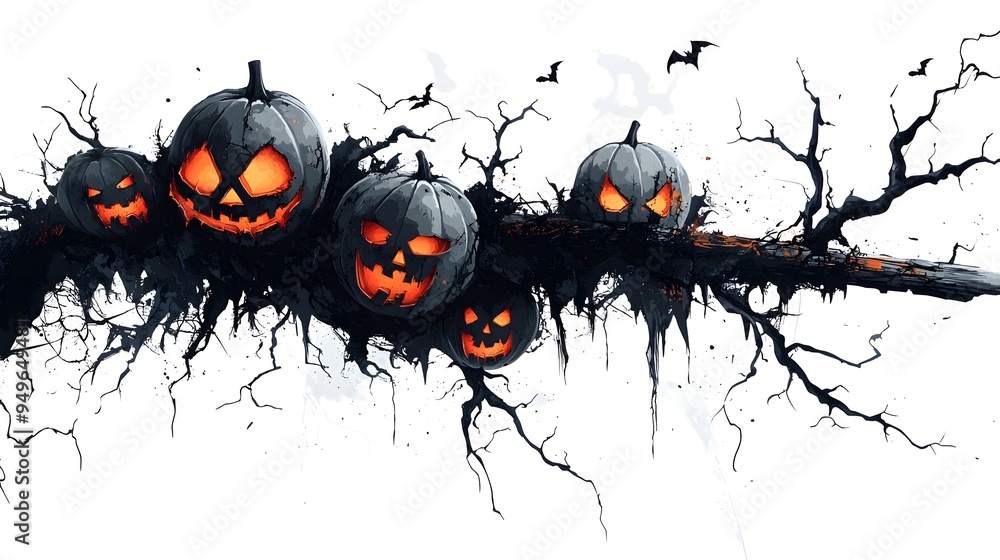 A shattered stake with Halloween masks, dark and spooky elements, detailed vector illustration, isolated on white background A shattered stake with Halloween masks, dark and spooky elements, detailed vector illustration, isolated on white background
