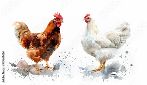 Chicken illustration, brown rooster white hen, farm animal poultry livestock
