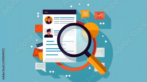 Magnifying glass looking at resume illustration, job interview recruitment hiring employment