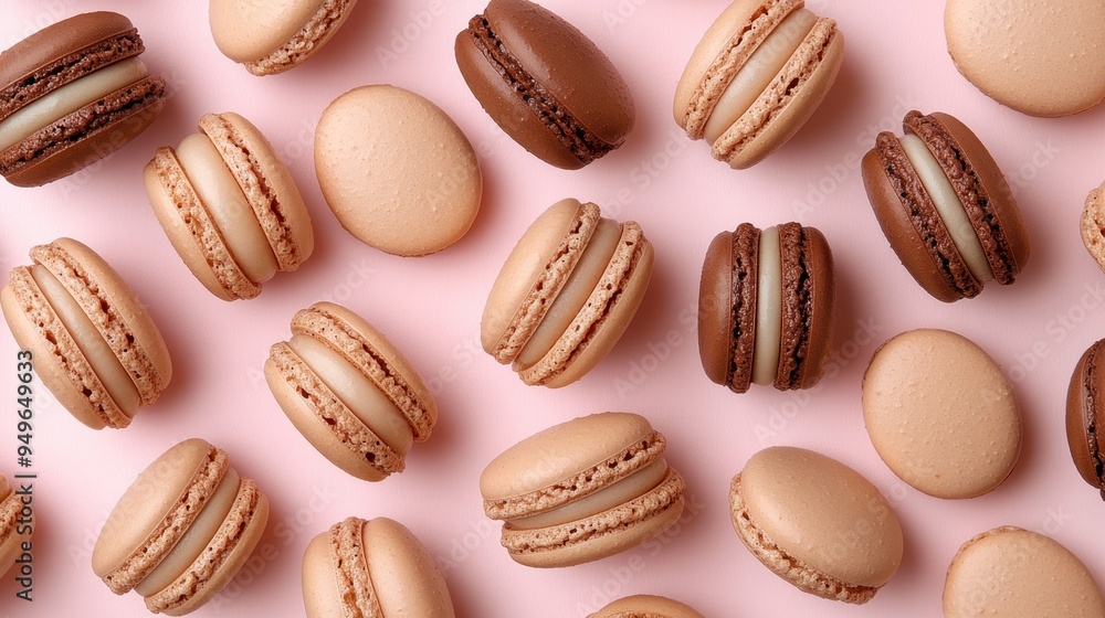 Chocolate and vanilla macaroons on pink background,French macaron cookies baked pattern,french macaroons,Paris Pastry,bakery and branding concept,Delicious french desserts,copy space. Chocolate and vanilla macaroons on pink background,French macaron cookies baked pattern,french macaroons,Paris Pastry,bakery and branding concept,Delicious french desserts,copy space.