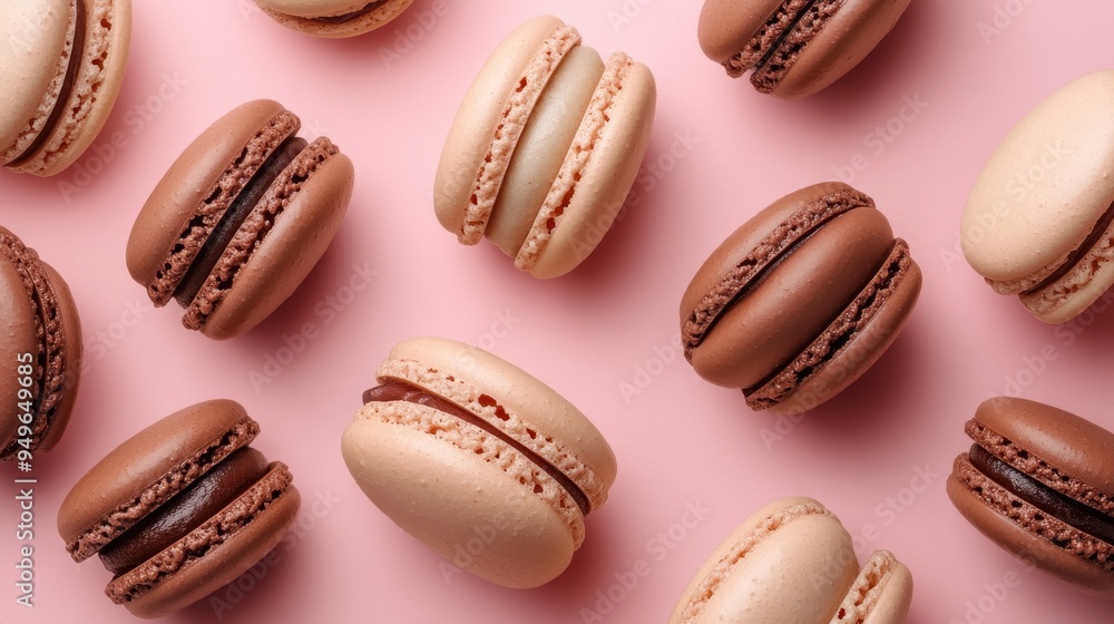 Chocolate and vanilla macaroons on pink background,French macaron cookies baked pattern,french macaroons,Paris Pastry,bakery and branding concept,Delicious french desserts,copy space. Chocolate and vanilla macaroons on pink background,French macaron cookies baked pattern,french macaroons,Paris Pastry,bakery and branding concept,Delicious french desserts,copy space.