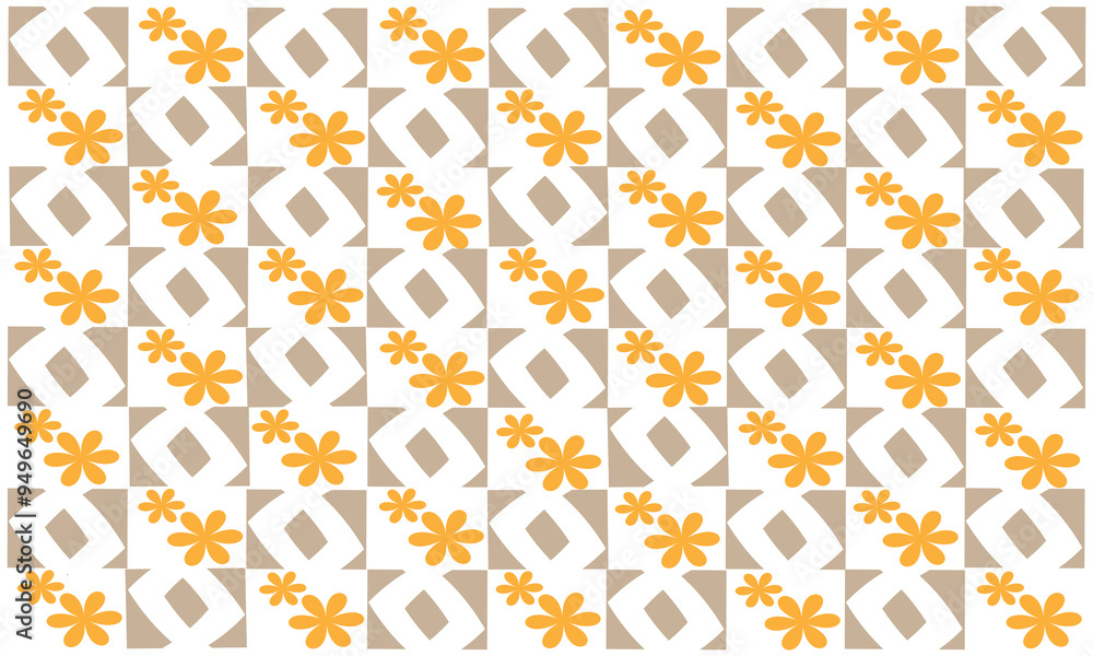 Light purple square pattern and yellow flowers on a grid background. Light purple square pattern and yellow flowers on a grid background.
