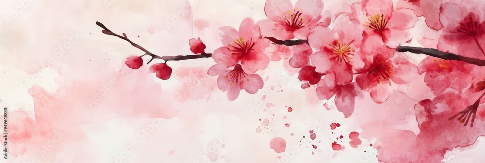 Fototapeta premium A delicate watercolor painting of a cherry blossom branch with pink flowers and petals on a soft pink background. The image evokes a sense of spring, new beginnings, and beauty.