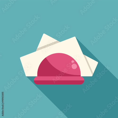 Pink napkin holder dispensing paper napkins casting a long shadow over a blue background