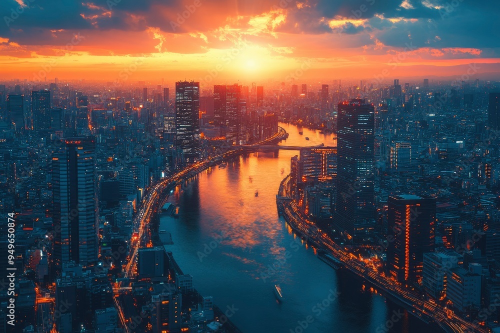 Urban Skyline with River at Sunset Urban Skyline with River at Sunset