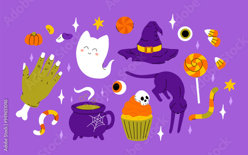 Cute kids Halloween set. Happy pumpkin, zombie hand, cute ghost, skull cupcake candy and witch potion. October holiday stickers, design elements bundle. Isolated flat vector illustrations photo