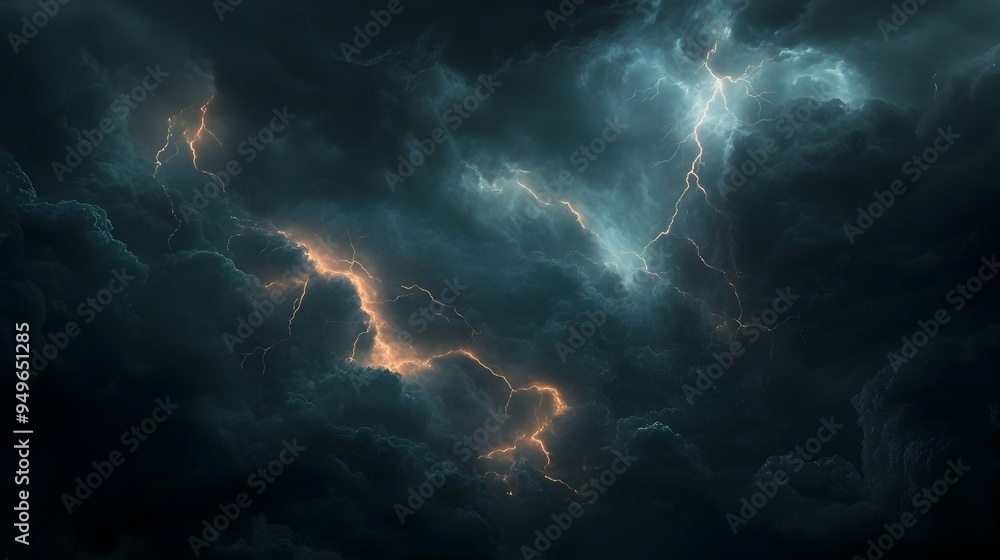 Dramatic lightning bolts illuminating a dark and turbulent sky during a powerful storm Dramatic lightning bolts illuminating a dark and turbulent sky during a powerful storm