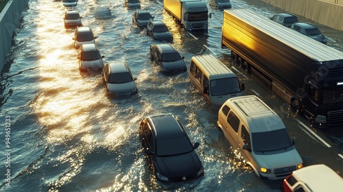 A flooded highway with cars stuck in a traffic jam as water rises. The image depicts the challenges of urban flooding, the impact of extreme weather, and the vulnerability of infrastructure. The vehic photo