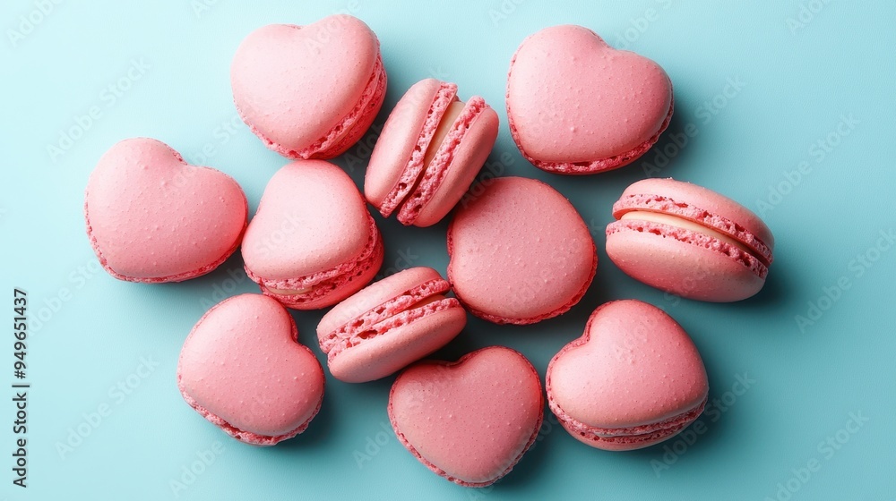 French sweet Pink heart macaroons isolated on blue background. Pastry shop card with copy spacefrench macaroons,Paris Pastry,bakery and branding valentine couple concept,copy space.