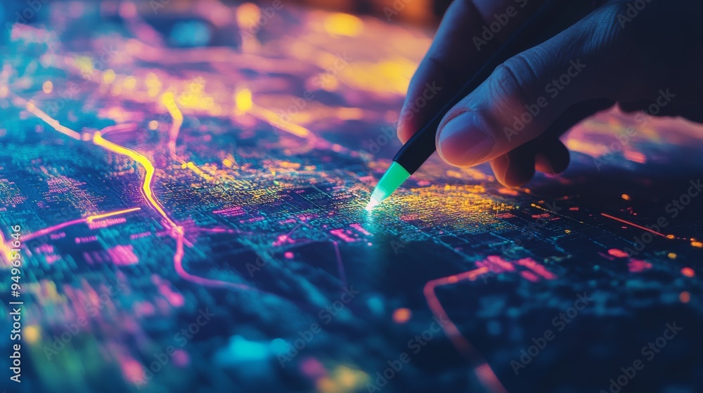 A detailed map with glowing markers, being reviewed by a focused individual, representing the strategic combination of vision and planning. A detailed map with glowing markers, being reviewed by a focused individual, representing the strategic combination of vision and planning.