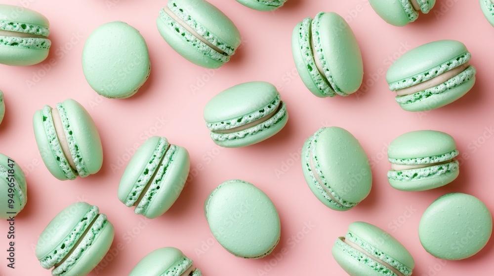 Mint macaroons in a row on pink background,french macaroons,Paris Pastry macaron green tea,Pastry shop card with copy space,french macaroons,bakery and branding concept,copy space. Mint macaroons in a row on pink background,french macaroons,Paris Pastry macaron green tea,Pastry shop card with copy space,french macaroons,bakery and branding concept,copy space.