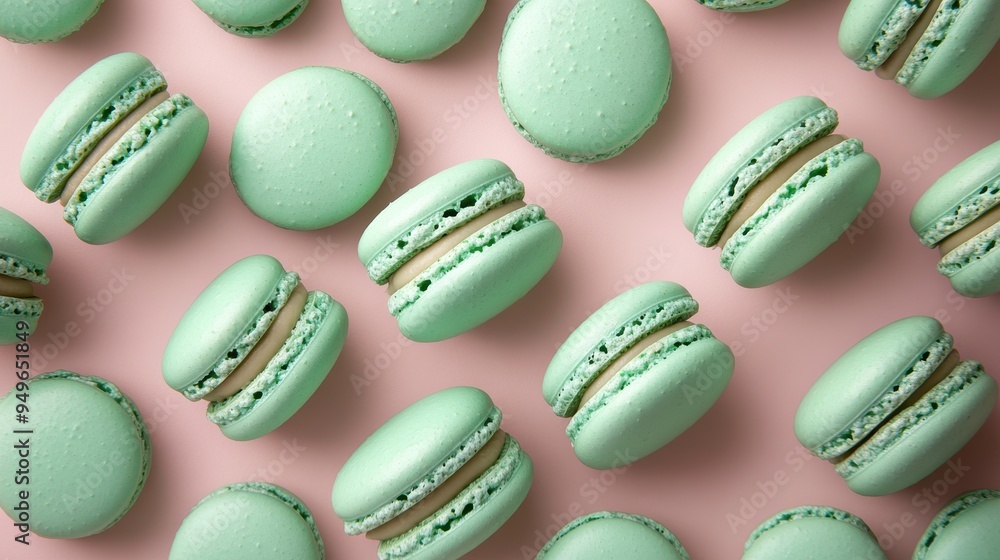 Mint macaroons in a row on pink background,french macaroons,Paris Pastry macaron green tea,Pastry shop card with copy space,french macaroons,bakery and branding concept,copy space. Mint macaroons in a row on pink background,french macaroons,Paris Pastry macaron green tea,Pastry shop card with copy space,french macaroons,bakery and branding concept,copy space.