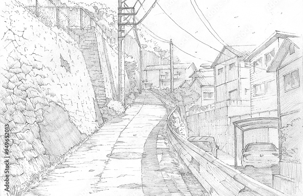 Fototapeta premium a pencil drawing of a quiet, uphill residential street in Japan, featuring power lines, stone walls, and traditional houses.