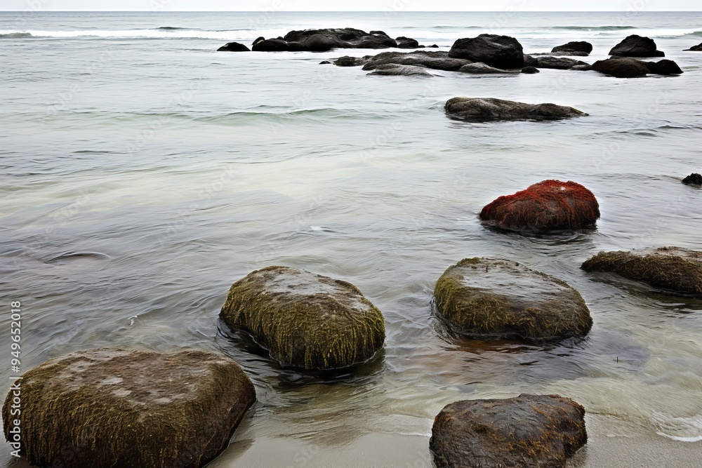 Fototapeta premium Tranquil Seascape with Smooth Water and Coastal Rocks