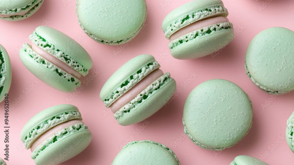 Obraz premium Mint macaroons in a row on pink background,french macaroons,Paris Pastry macaron green tea,Pastry shop card with copy space,french macaroons,bakery and branding concept,copy space.